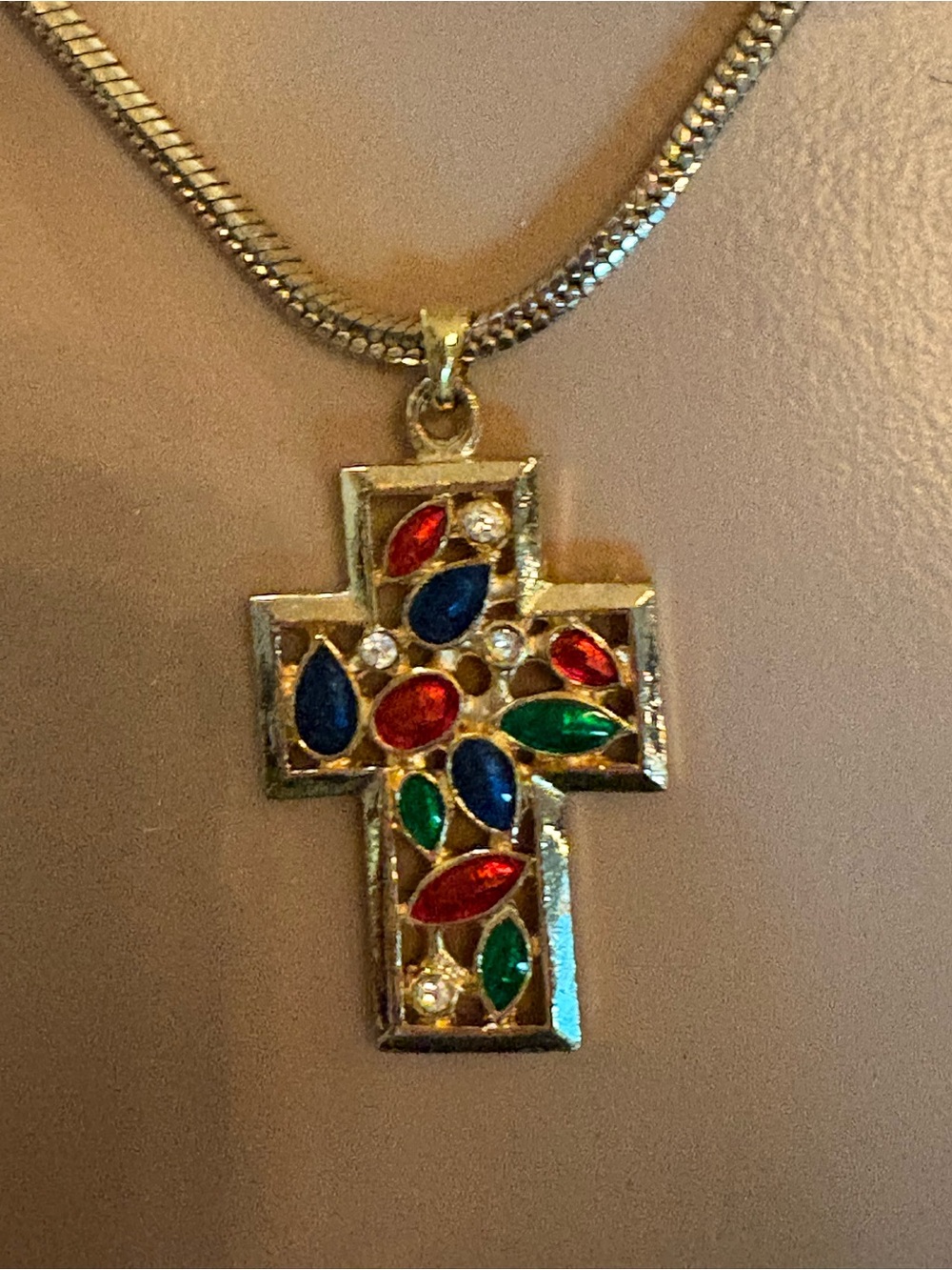 Vintage Gold Tone Cross Pendant Necklace Snake Chain Lobster Clasp Religious